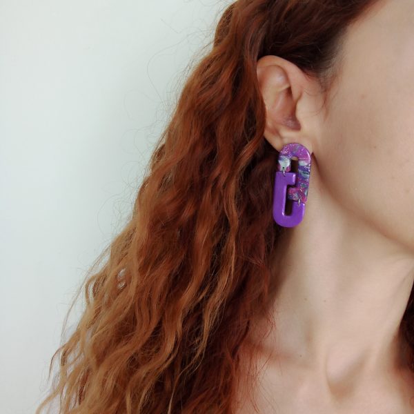 Marbled purple, fuchsia and silver statement stud earrings - Image 2