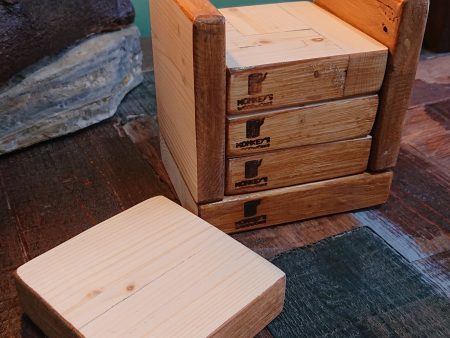 Handmade, hard-wearing, big block, pine coasters with holder