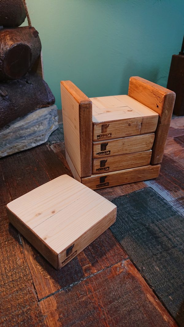 Handmade, hard-wearing, big block, pine coasters with holder