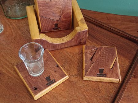 Set of 4 Handmade high-quality multi-wood coasters with holder that includes built in bottle opener