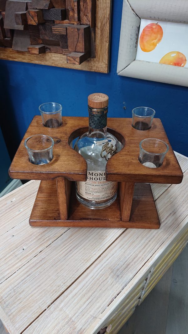 Handmade single bottle/ 4 shot glass display piece - Image 9
