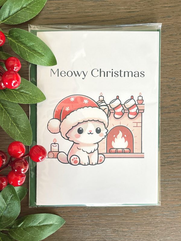 Christmas Card | Meowy Christmas | Cat by Fireplace Design - Image 2