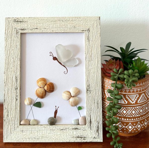 A lovely scene with a butterfly, snail, and flowers, made with seaglass and seashells, perfect as a unique gift! - Image 4