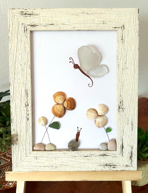 A lovely scene with a butterfly, snail, and flowers, made with seaglass and seashells, perfect as a unique gift! - Image 8