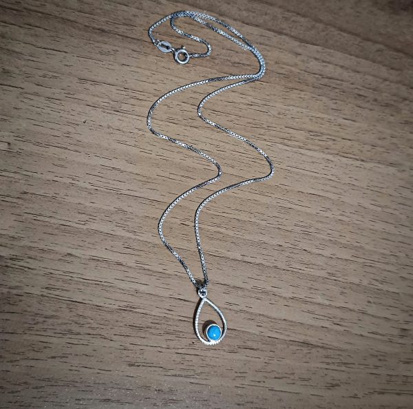 Silver turquoise drop pendant in silver square chain - Image 3