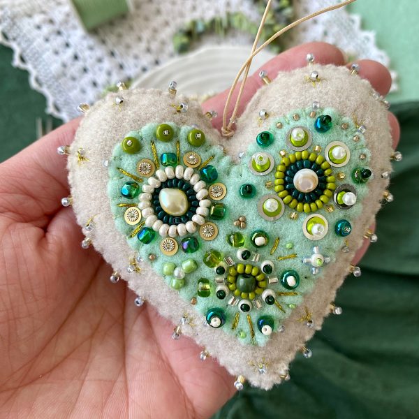 Mint green heart ornament. Beaded Cyprus heart.