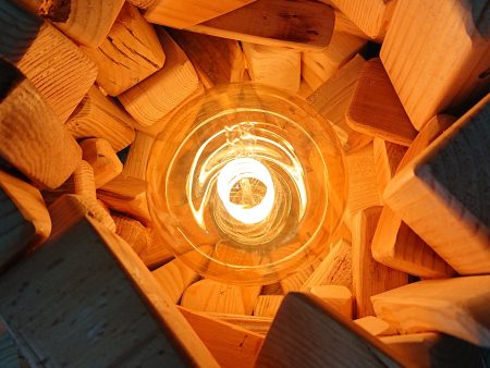 Unique, stacked, multi-wood table lamp