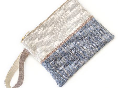 Handmade Spring Summer Clutch Bag – Beige and Blue Zipped Pouch With Wristlet