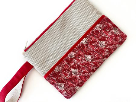 Handmade Spring Summer Clutch Bag – Beige and Red Zipped Pouch With Wristlet