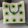 Sage and dark green granny square tote with linen lining