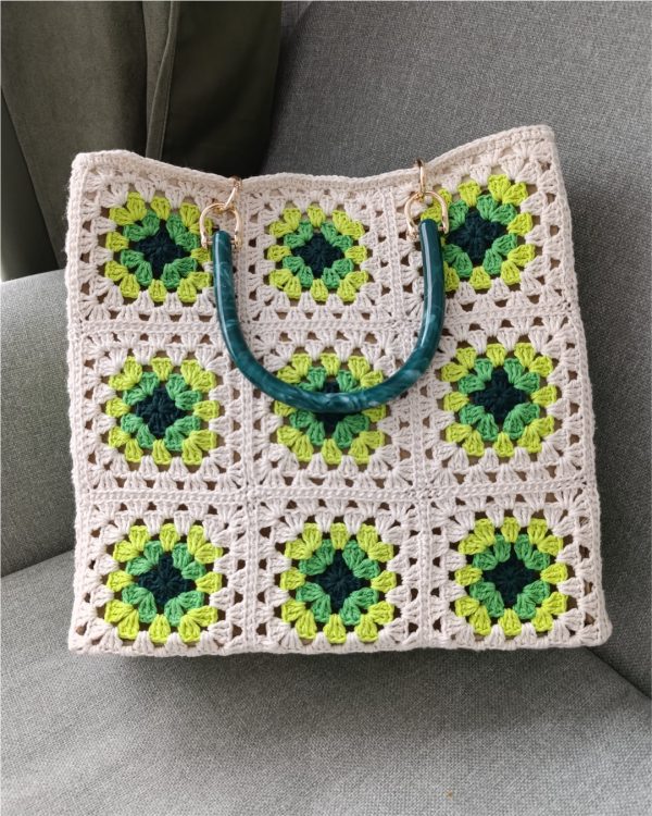 Structured Granny Square-Sage & Dark Green Crochet Tote Bag - Image 3