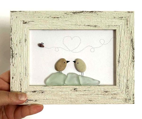 Framed Seaglass Love Birds – Aqua Glass, Pebbles & Shell Bug – Heart Trail Beach Art – Cyprus Beach Finds