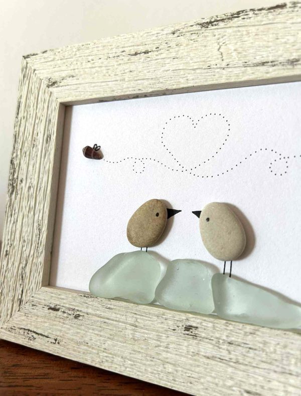 Framed Seaglass Love Birds – Aqua Glass, Pebbles & Shell Bug – Heart Trail Beach Art – Cyprus Beach Finds