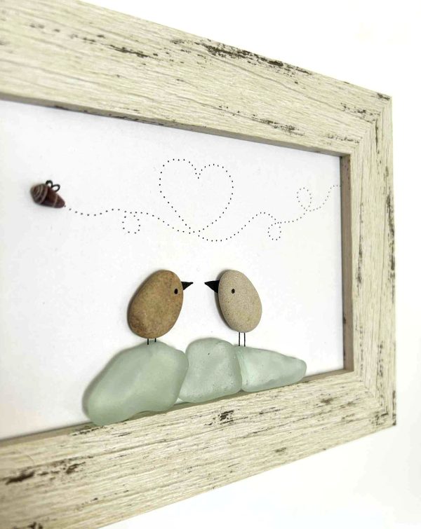 Framed Seaglass Love Birds – Aqua Glass, Pebbles & Shell Bug – Heart Trail Beach Art – Cyprus Beach Finds