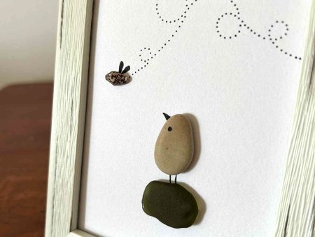 Whimsical Bird & Bug Wall Art – Olive Green Seaglass, Pebbles & Shell – Handmade Coastal Decor from Cyprus