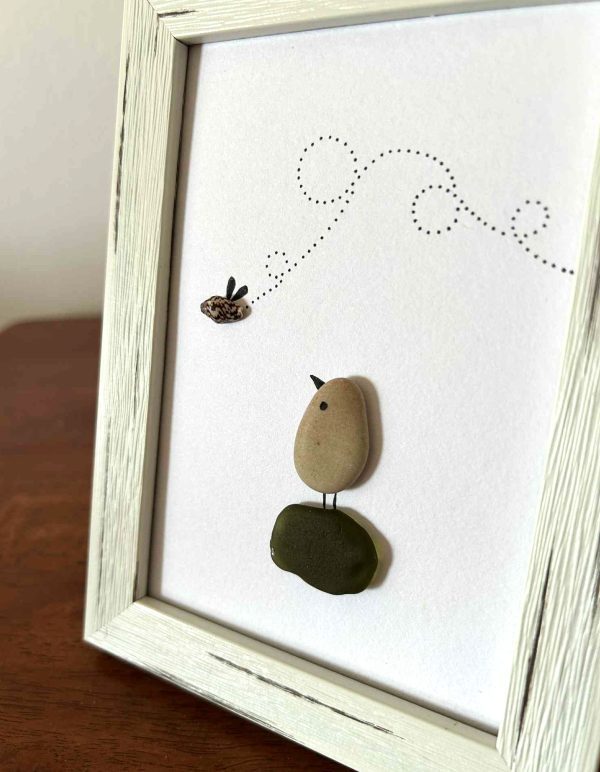 Whimsical Bird & Bug Wall Art – Olive Green Seaglass, Pebbles & Shell – Handmade Coastal Decor from Cyprus