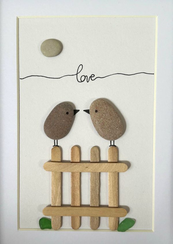 Lovebirds with Seaglass and Pebbles, Wedding, Anniversary