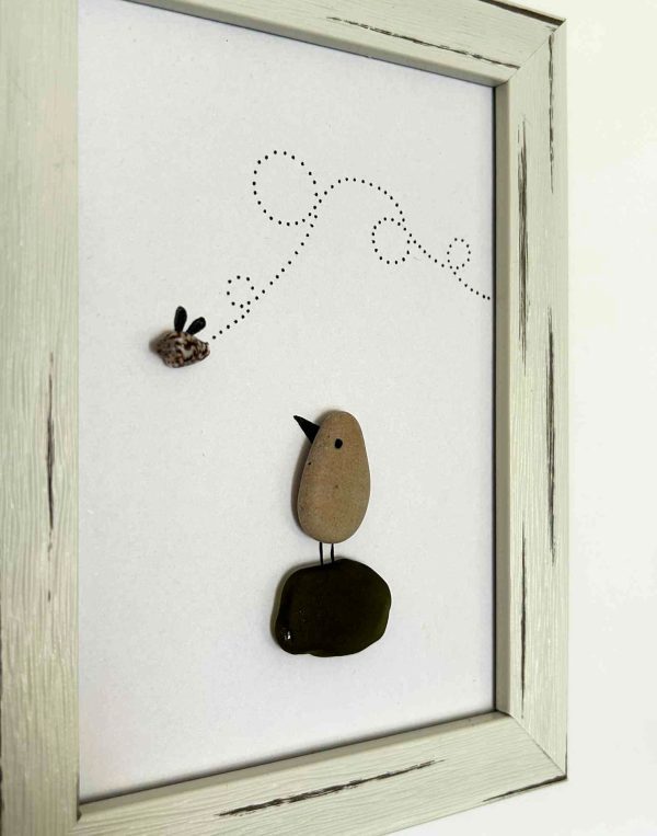 Whimsical Bird & Bug Wall Art – Olive Green Seaglass, Pebbles & Shell – Handmade Coastal Decor from Cyprus