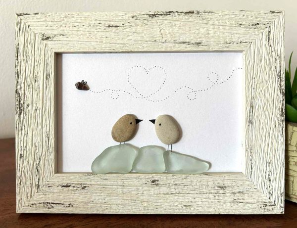 Framed Seaglass Love Birds – Aqua Glass, Pebbles & Shell Bug – Heart Trail Beach Art – Cyprus Beach Finds