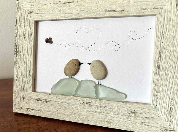 Framed Seaglass Love Birds – Aqua Glass, Pebbles & Shell Bug – Heart Trail Beach Art – Cyprus Beach Finds