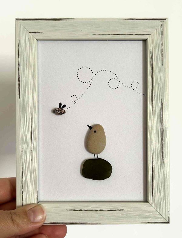 Whimsical Bird & Bug Wall Art – Olive Green Seaglass, Pebbles & Shell – Handmade Coastal Decor from Cyprus