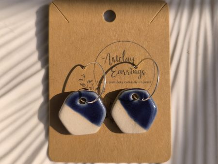 Half-Glazed Blue Hexagon Hoop Earrings