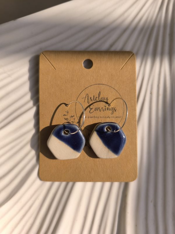 Half-Glazed Blue Hexagon Hoop Earrings