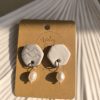 White Hexagon Ceramic Earrings with Freshwater Pearls