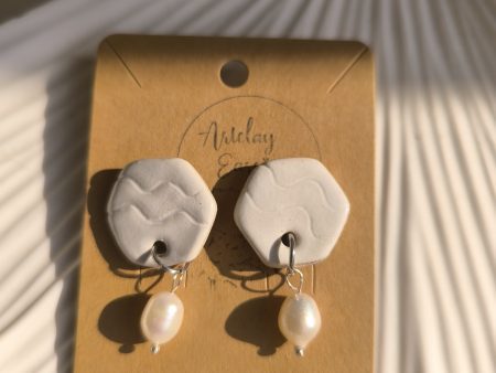 White Hexagon Ceramic Earrings with Freshwater Pearls