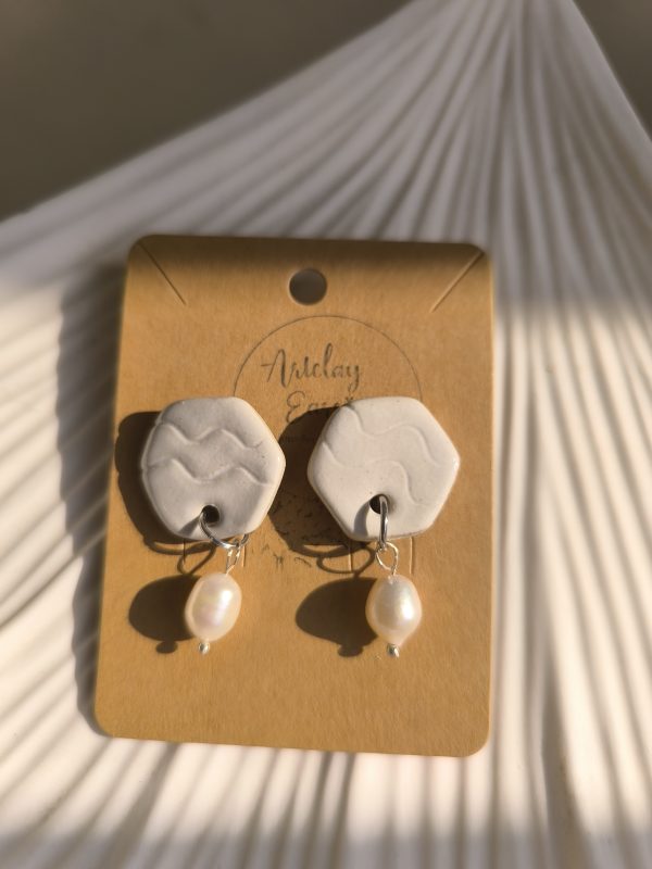White Hexagon Ceramic Earrings with Freshwater Pearls