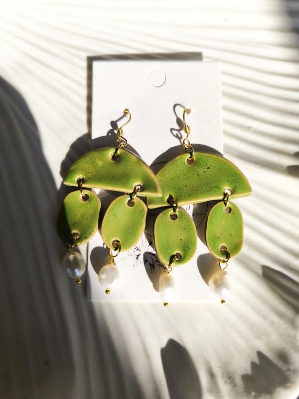 An Olive Bloom | Green Ceramic Earrings with Pearls - Image 3