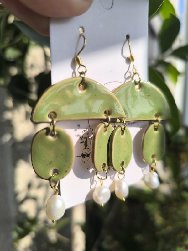 An Olive Bloom | Green Ceramic Earrings with Pearls - Image 2