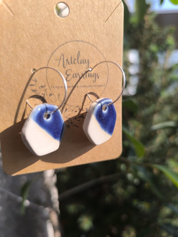 Half-Glazed Blue Hexagon Hoop Earrings - Image 2