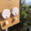 White Hexagon Ceramic Earrings with Freshwater Pearls - Image 3