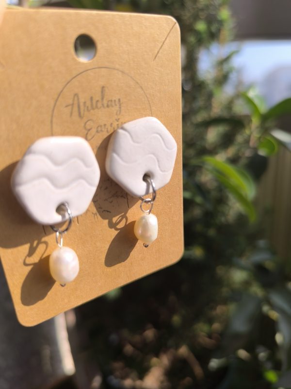 White Hexagon Ceramic Earrings with Freshwater Pearls - Image 3