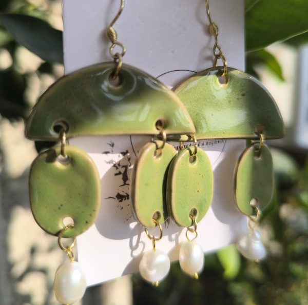 An Olive Bloom | Green Ceramic Earrings with Pearls