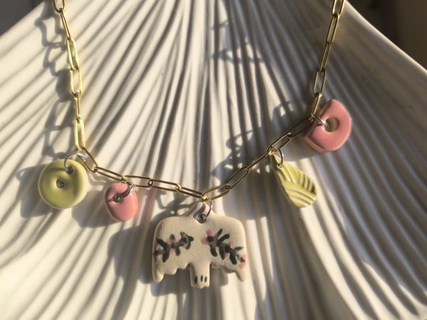 Whimsical Bird Charm Necklace – Handmade Ceramic Pastel Pendant on Gold Chain