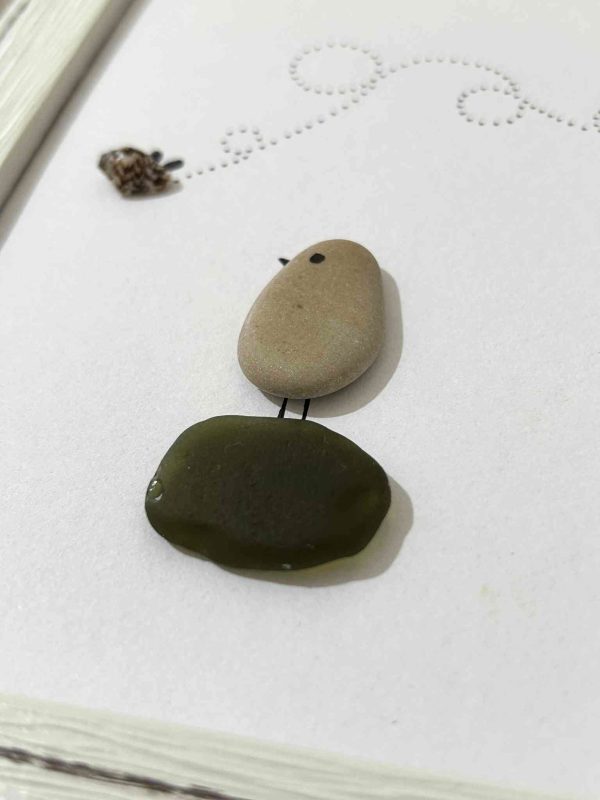 Whimsical Bird & Bug Wall Art – Olive Green Seaglass, Pebbles & Shell – Handmade Coastal Decor from Cyprus