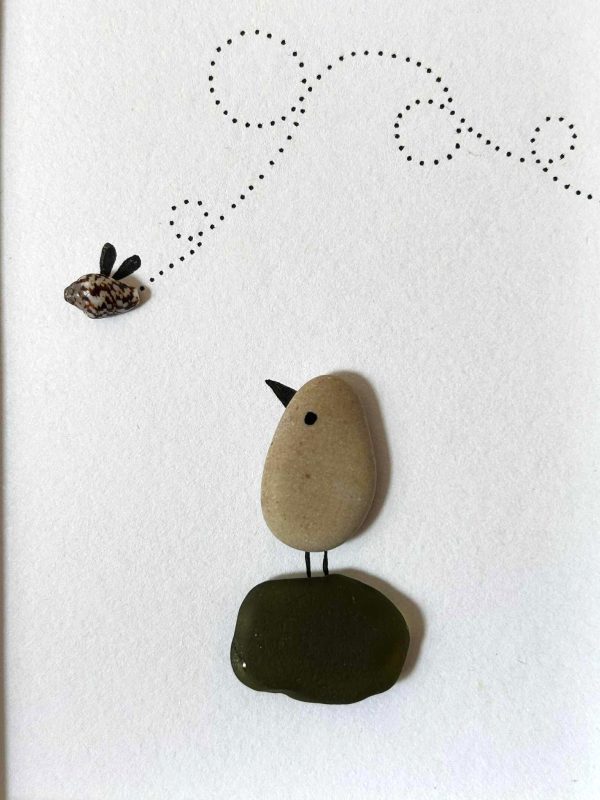 Whimsical Bird & Bug Wall Art – Olive Green Seaglass, Pebbles & Shell – Handmade Coastal Decor from Cyprus
