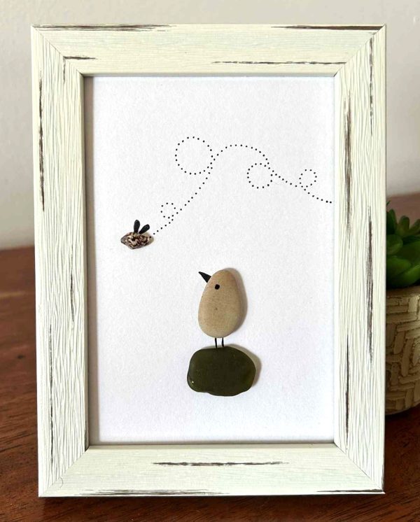 Whimsical Bird & Bug Wall Art – Olive Green Seaglass, Pebbles & Shell – Handmade Coastal Decor from Cyprus
