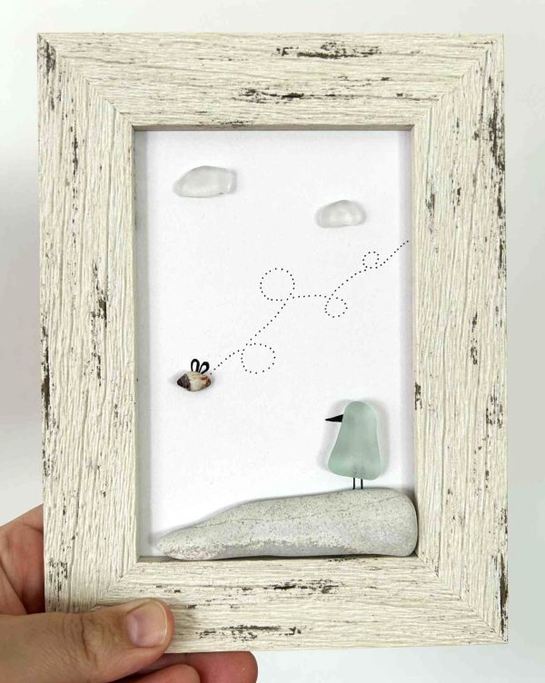 Seaglass Bird and Bee Art – Whimsical Nature Scene with Real Pebbles and Beachglass