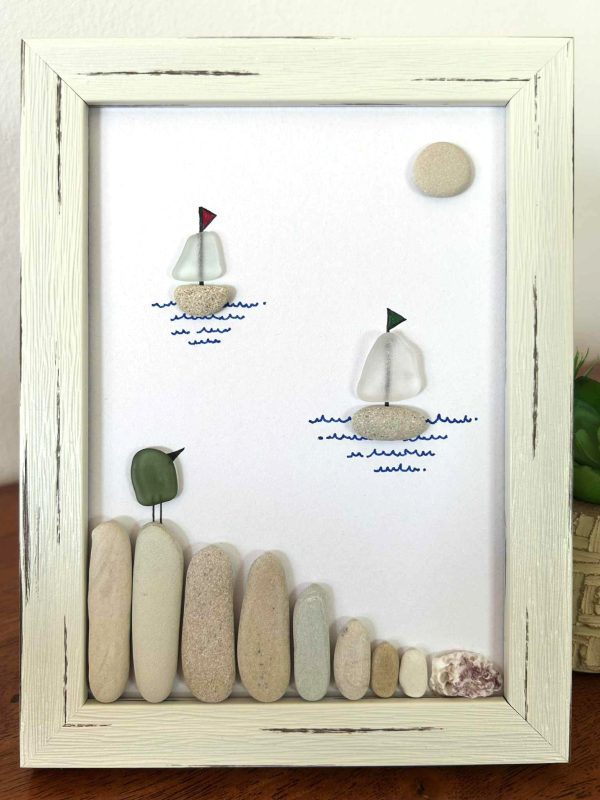 Seaglass and Pebble Art – Coastal Sailboat Scene with Bird – Nautical Wall Decor