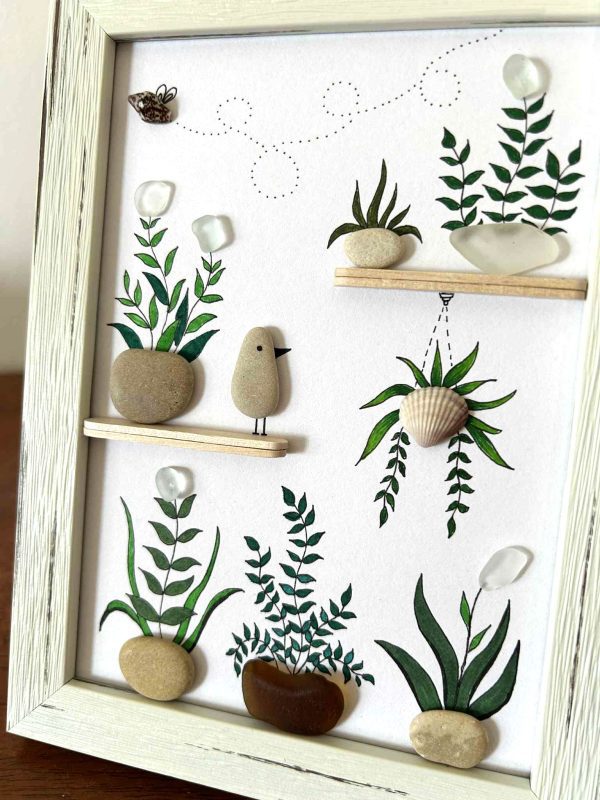 Seaglass Botanical Art with Hanging Plant and Bee – Bright Framed Gift for Plant Lovers