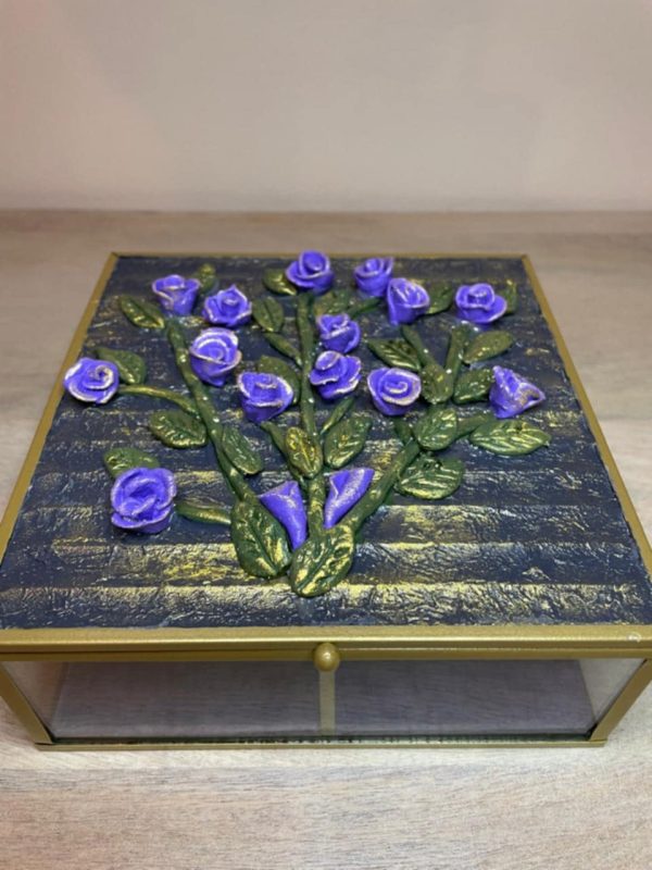 Handmade Clay Art on a Glass Jewelry Box (Purple)