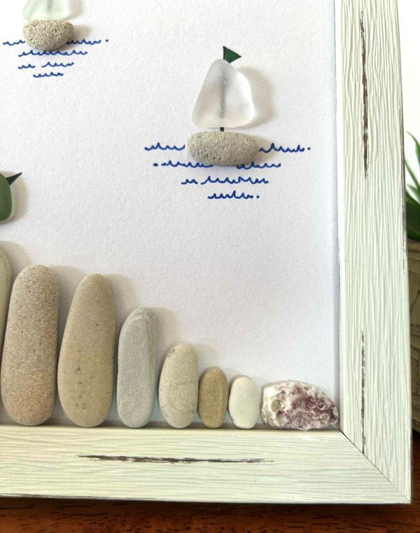 Seaglass and Pebble Art – Coastal Sailboat Scene with Bird – Nautical Wall Decor