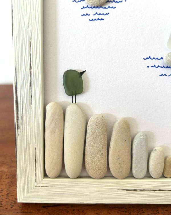 Seaglass and Pebble Art – Coastal Sailboat Scene with Bird – Nautical Wall Decor