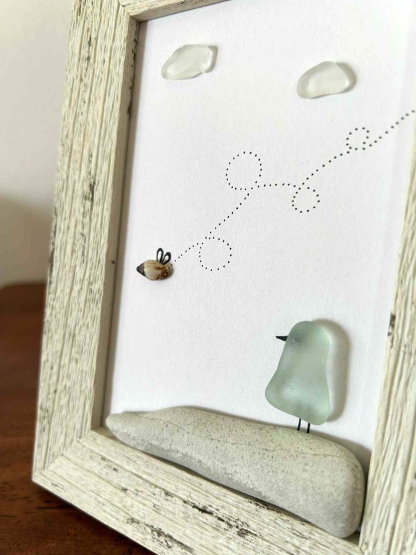 Seaglass Bird and Bee Art – Whimsical Nature Scene with Real Pebbles and Beachglass