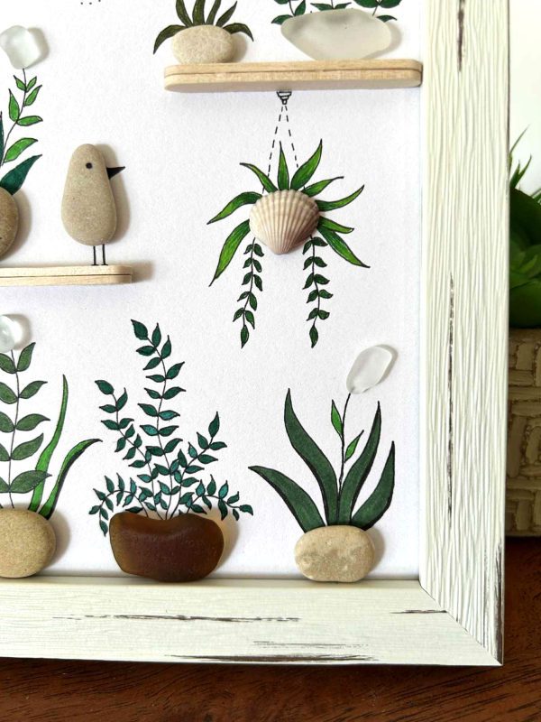 Seaglass Botanical Art with Hanging Plant and Bee – Bright Framed Gift for Plant Lovers