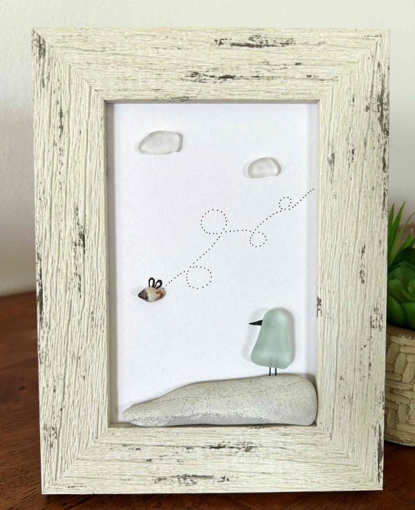 Seaglass Bird and Bee Art – Whimsical Nature Scene with Real Pebbles and Beachglass