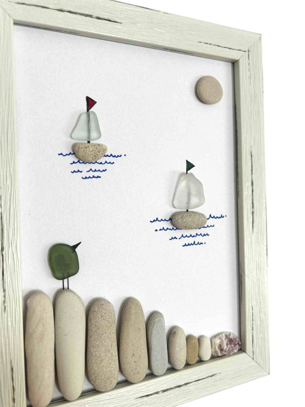 Seaglass and Pebble Art – Coastal Sailboat Scene with Bird – Nautical Wall Decor